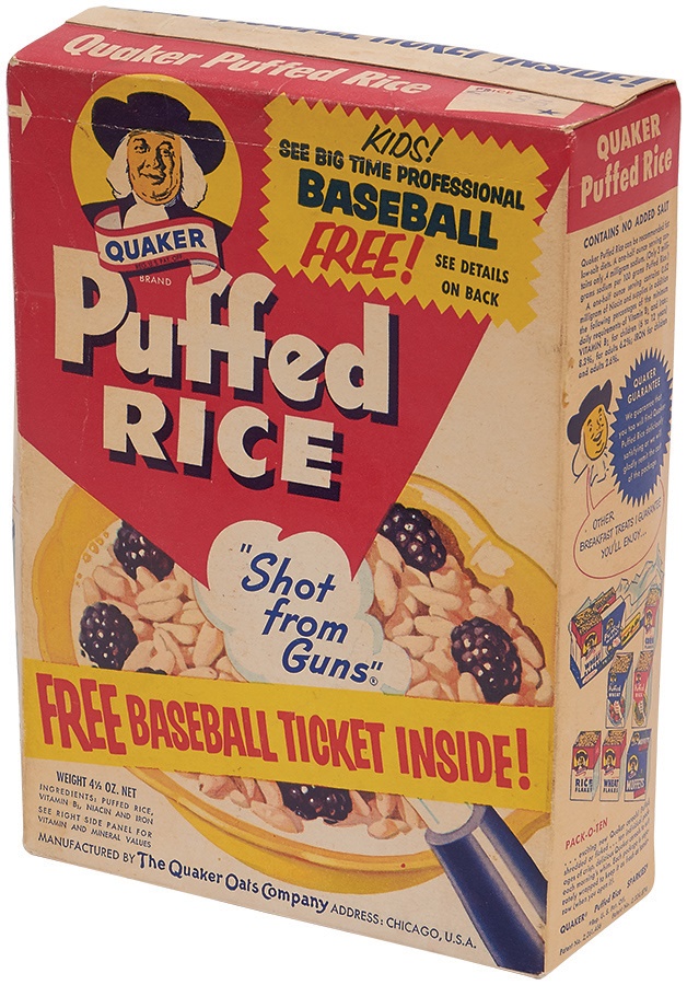 - 1944 Quaker Puffed Rice Cereal Box Unopened with Baseball Ticket Inside