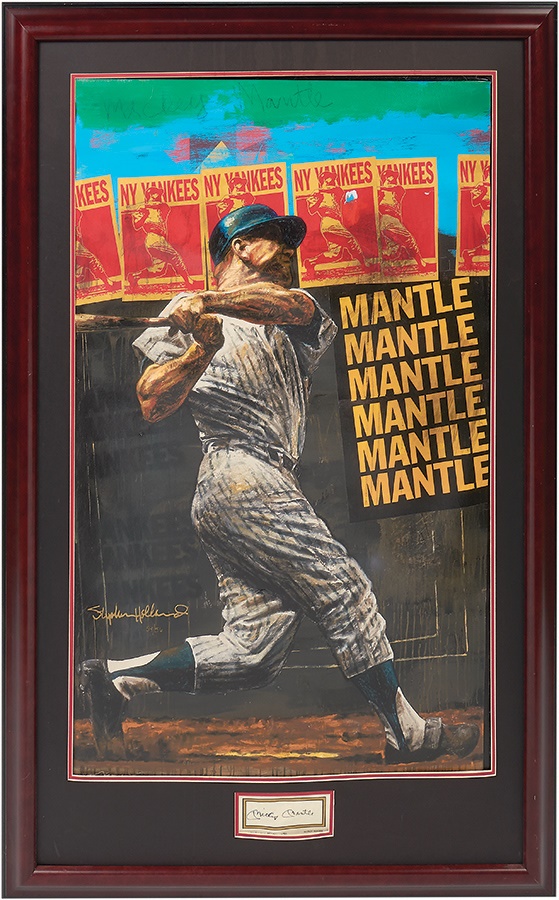 Mickey Mantle Hand Enhanced Giclee by Stephen Holland With Cut Signature