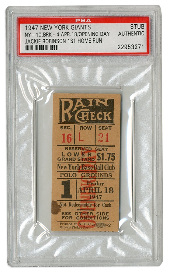 Tickets, Publications & Pins - 1947 Jackie Robinson First Major League Home run Ticket