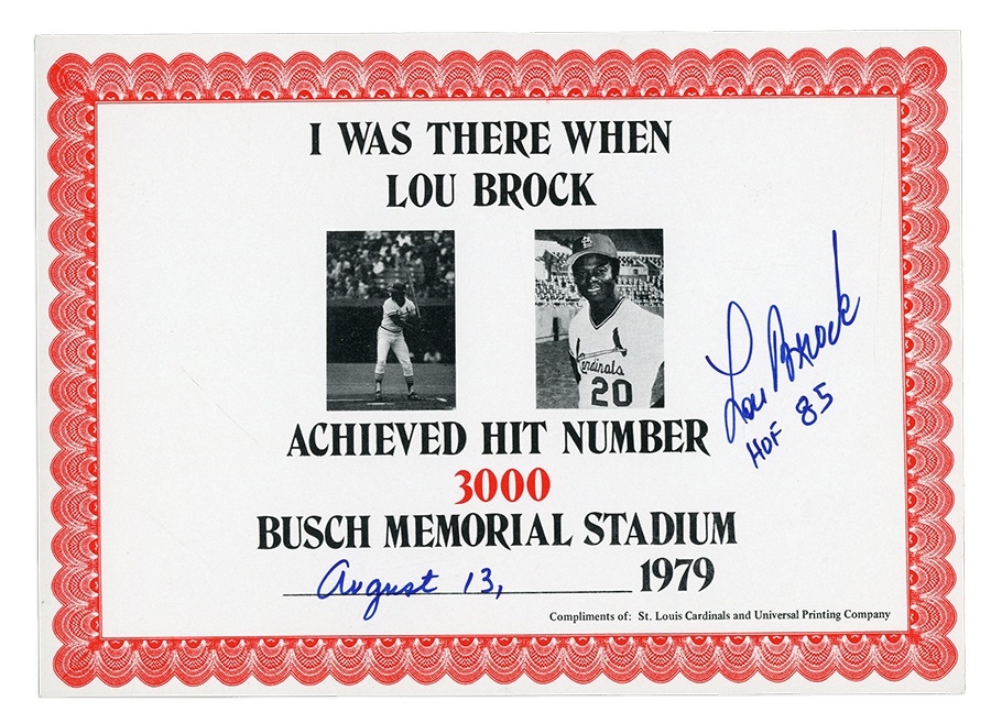 - 1979 Lou Brock Signed 3,000 Hit Certificates (27)