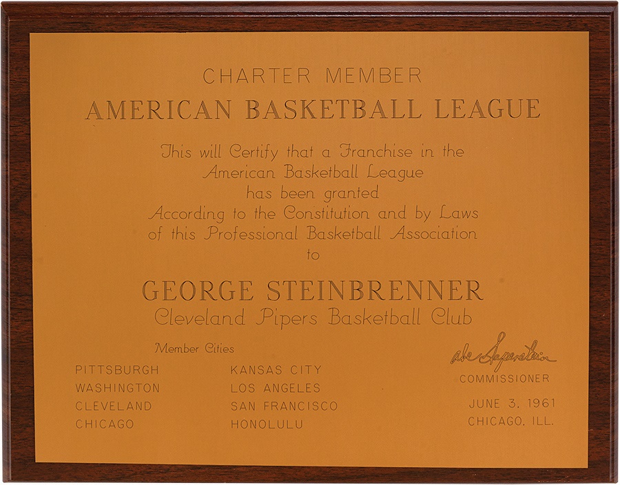 - Cleveland Pipers A.B.L. Charter Membership Plaque Presented to George Steinbrenner