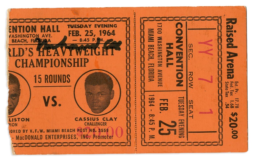 - Cassius Clay vs Sonny Liston First Fight Ticket Stub Signed by Ali