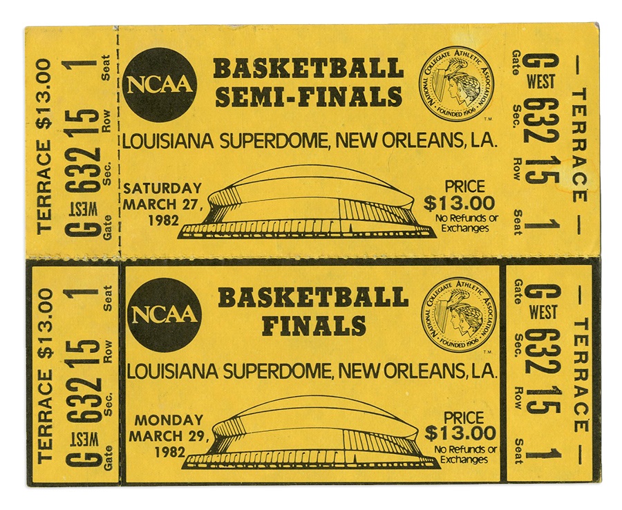 Tickets, Publications & Pins - 1982 NCAA Semi-Finals & Finals Full Tickets Attatched Jordan Shot Game