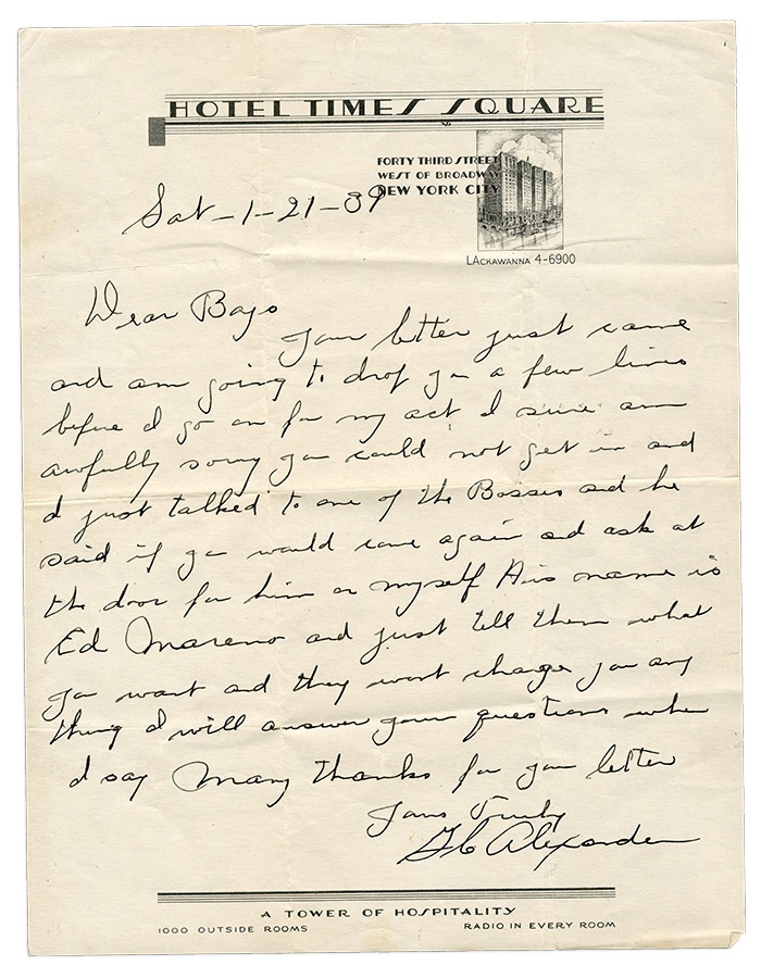 - 1939 Grover Cleveland Alexander Handwritten Letter