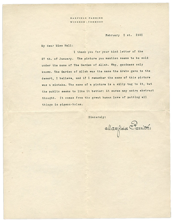 Rock And Pop Culture - 1921 Maxfield Parrish Letter with Garden of Allah Content