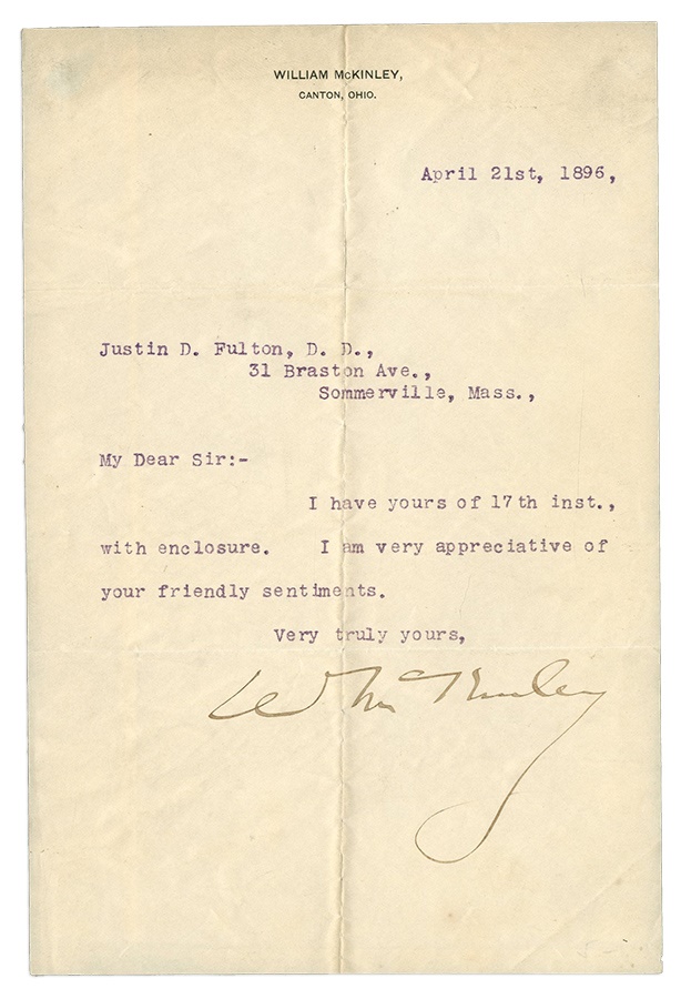 Rock And Pop Culture - 1896 William McKinley Letter