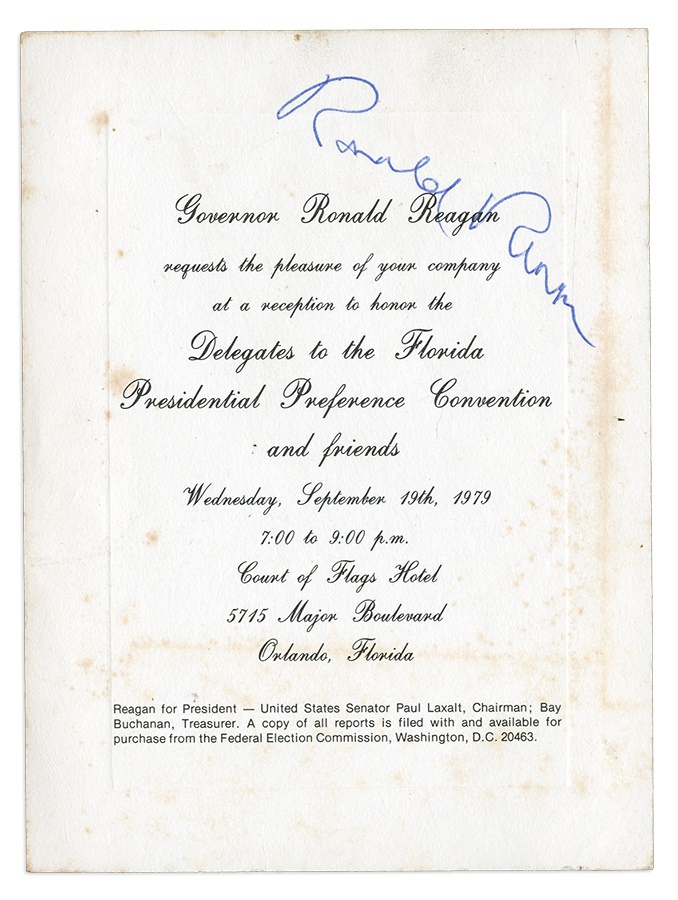 Rock And Pop Culture - 1979 Governor Ronald Reagan In Person Signed Invitation