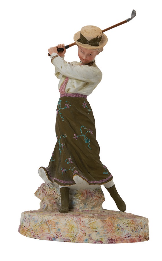 - Large 19th Century Woman Golfer Bisque Statue by Heubach