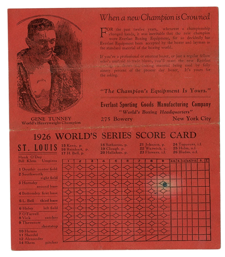 St. Louis Cardinals 1926 World Series Scorecard with Gene Tunney