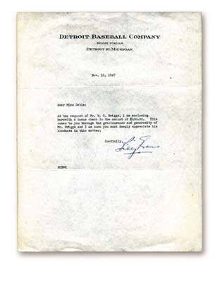- 1947 Billy Evans Signed Letter