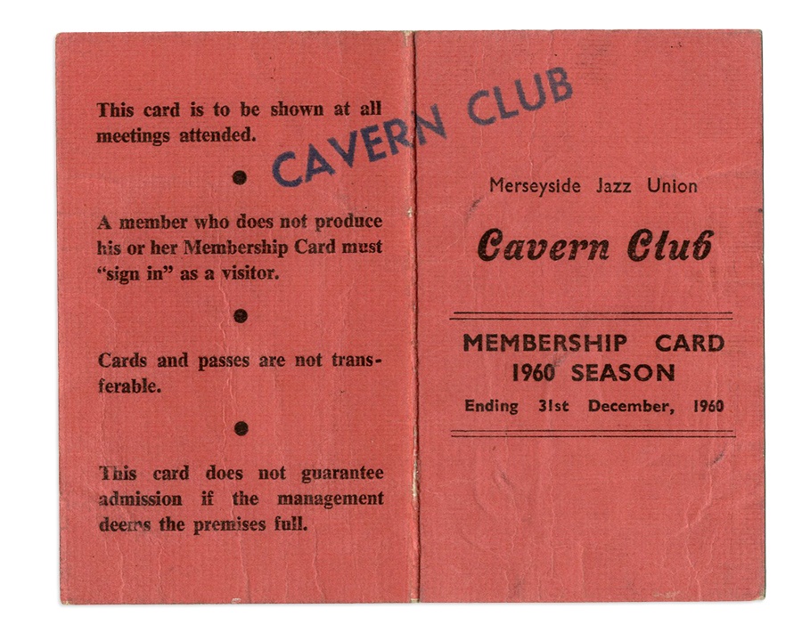 Rock 'N' Roll - 1960 Cavern Club Membership Card-First to Showcase A Beatle