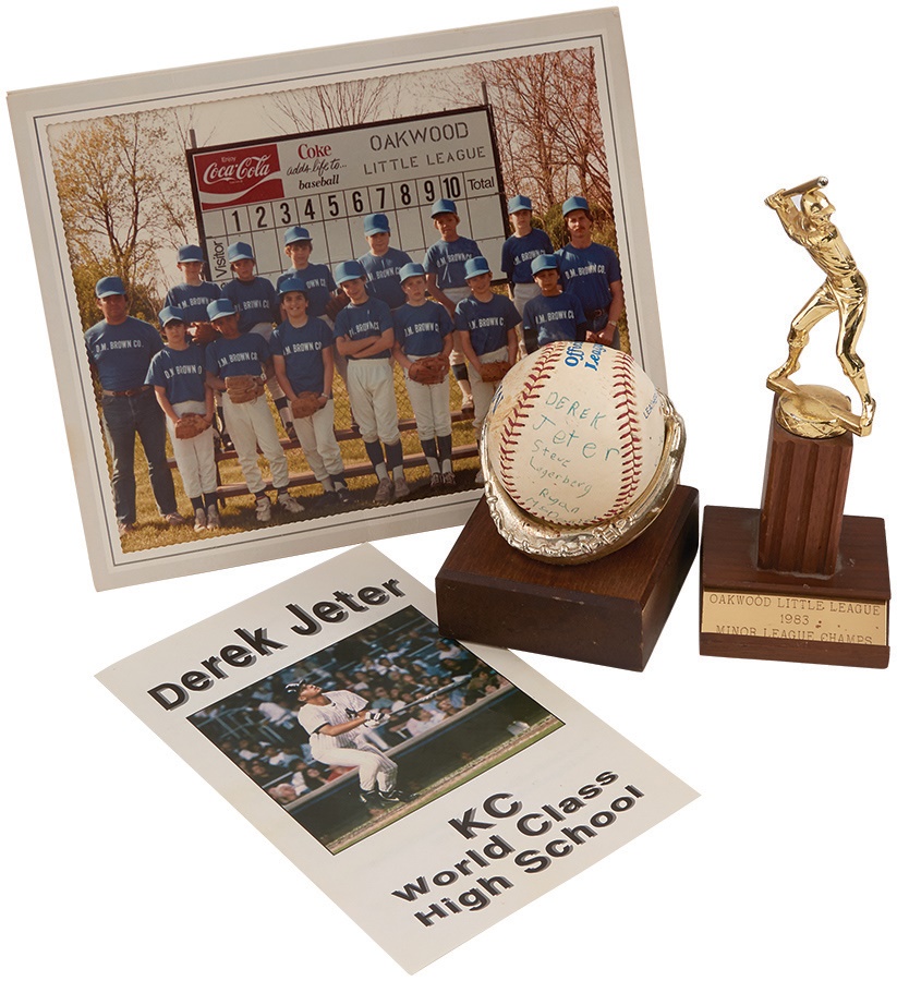 - 1983 Derek Jeter Little League Collection Including Team Signed Baseball, Trophy & Team Photo