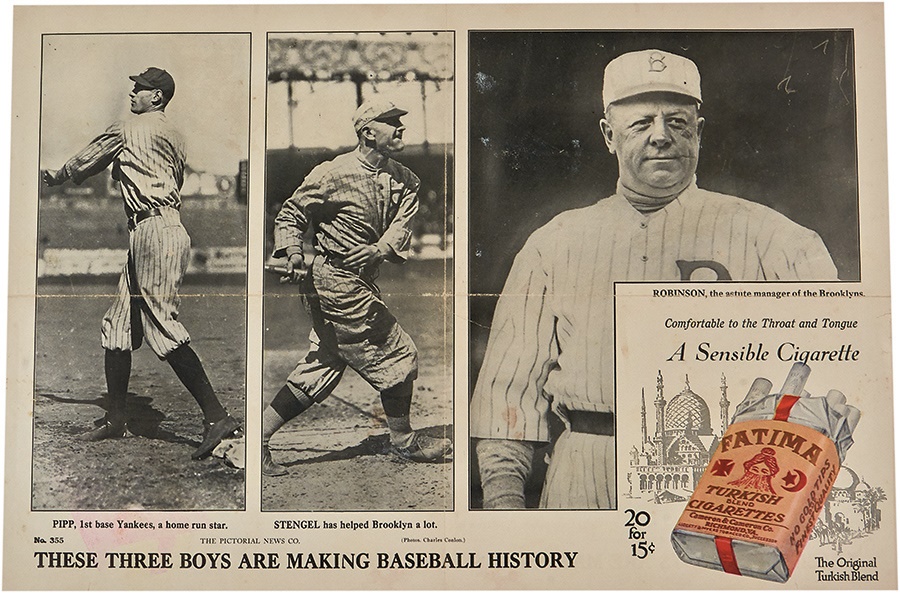 - 1916 Wilbert Robinson, Casey Stengel & Wally Pipp Fatima Cigarettes Advertising Poster with Photo by Charles Conlon