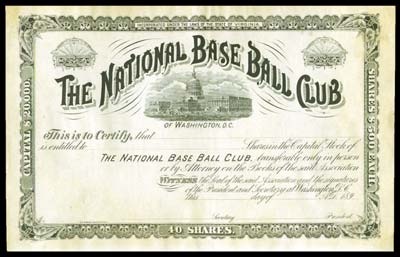 Sports Autographs - 1890's Washington Baseball Stock Certificate