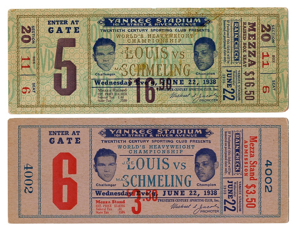 - Set of 1938 Joe Louis vs. Max Schmeling Full Tickets