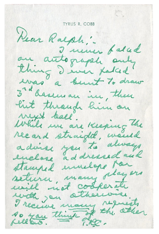 - Ty Cobb "I Never Faked An Autograph" Handwritten Letter