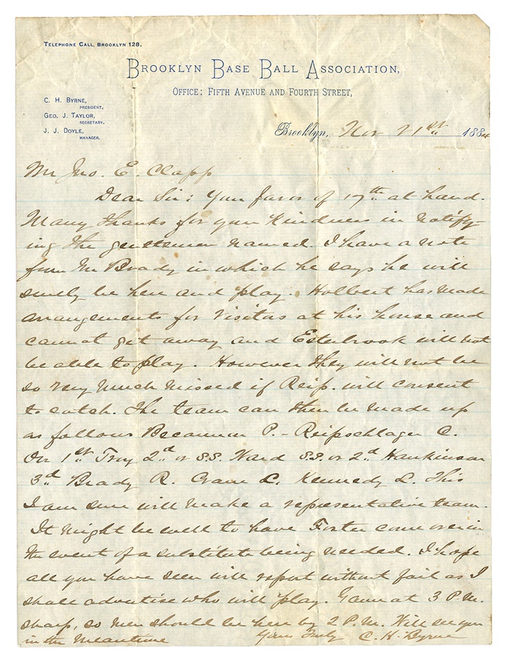 - Incredible First Year 1884 Brooklyn Grays/Dodgers Letter Signed by Founder Charles Byrne (ex-Sal Larocca)
