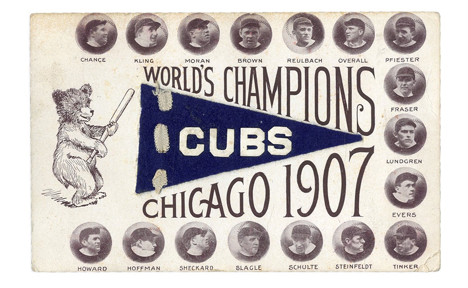 - 1907 World Champion Chicago Cubs Postcard with Real Felt Pennant