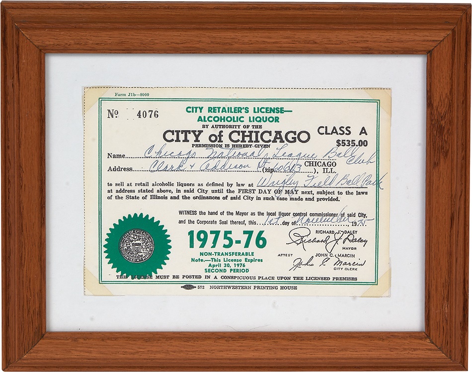 Stadium Artifacts - 1975-76 Wrigley Field Liquor License