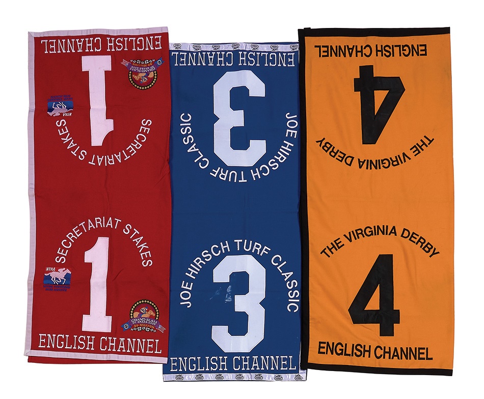 - English Channel Collection of Three Race Worn Saddle Cloths (winning VA Derby and Joe Hirsche Turf and Runner-up Secretariat Stakes)
