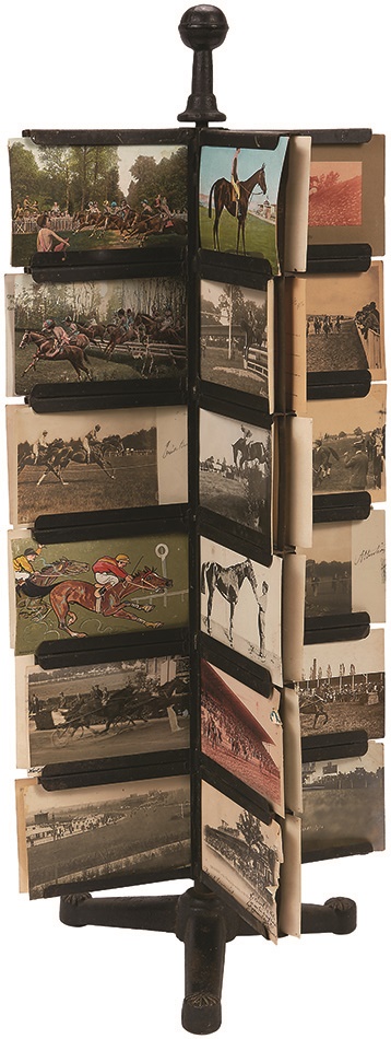 - Turn of the Century Cast Iron Horse Racing Postcard Rack with Postcards
