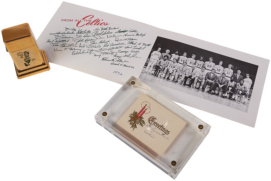 - 1972 Boston Celtics Table Cigar Lighter & Red Auerbach Christmas Greetings Signed Card (3)
