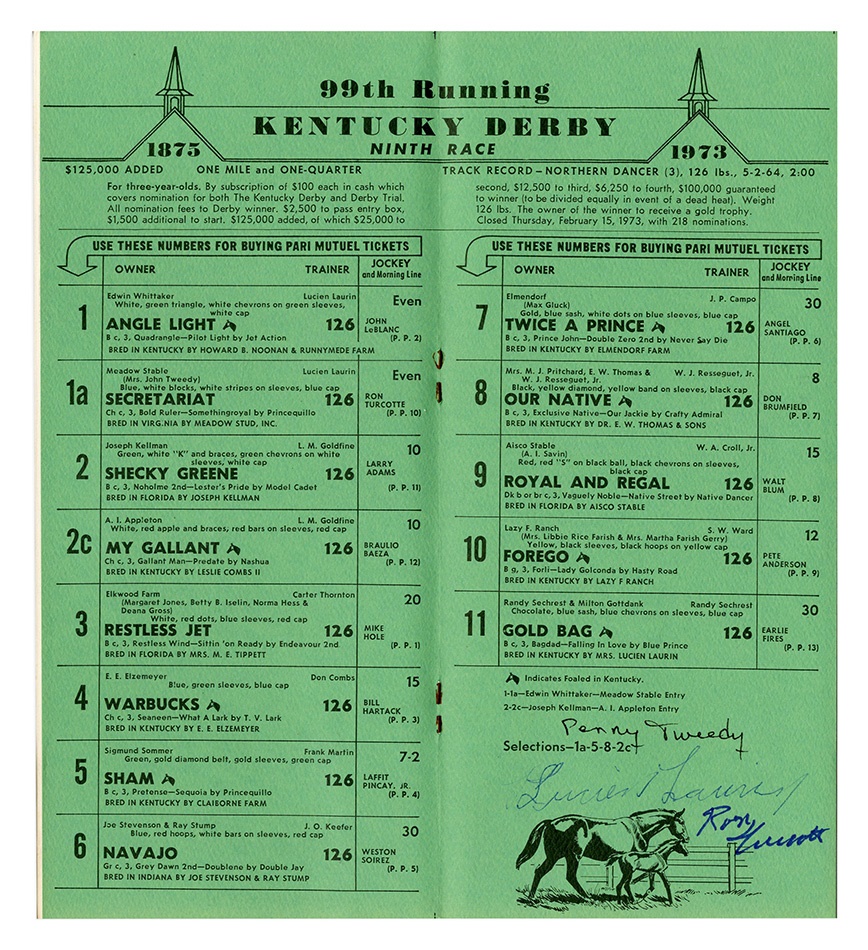 - 1973 Kentucky Derby Program Secretariat Signed By Penny Tweedy, Ron Turcott, & Lucien Lauren