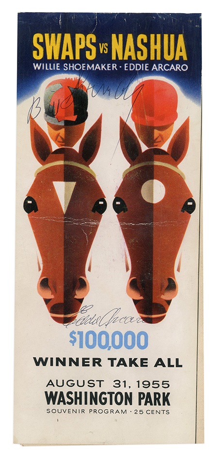 Horse Racing - 1955 Swaps vs. Nashua Match Race Program Signed by Eddie Arcaro & Willie Shoemaker