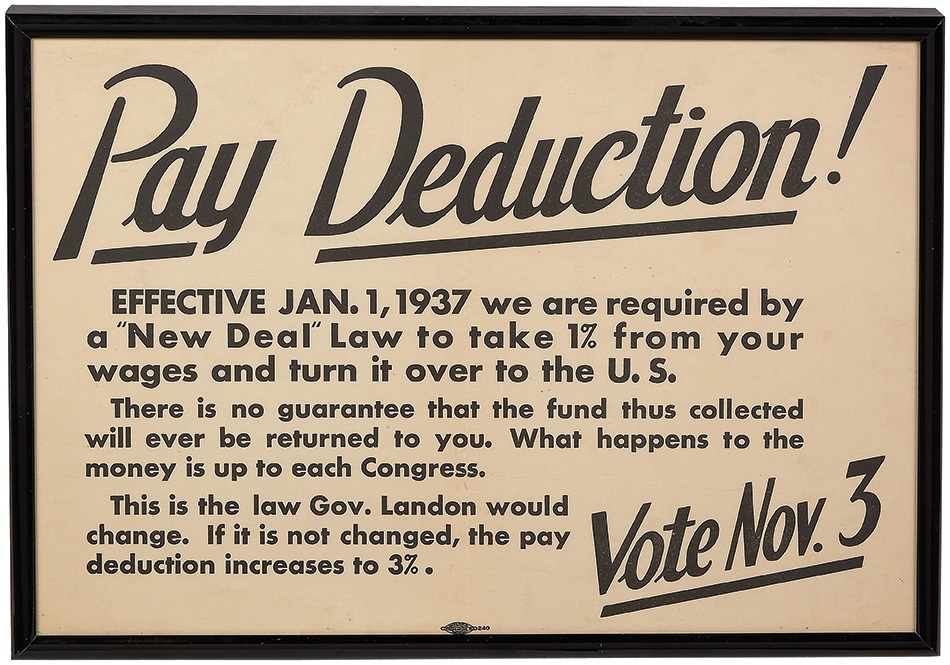 - 1937 Anti-FDR's "New Deal" Pay Deduction Political Trolley Sign