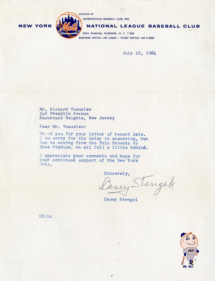 - 1964 Casey Stengel "Moving From The Polo Grounds To Shea Stadium" Letter