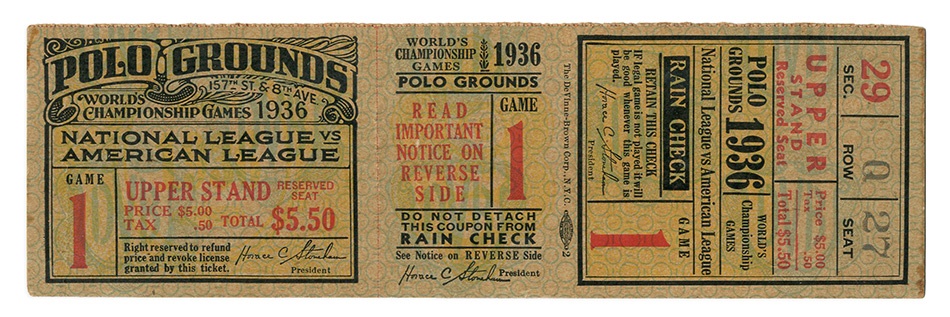 Tickets, Publications & Pins - 1936 World Series Game 1 Unused Ticket