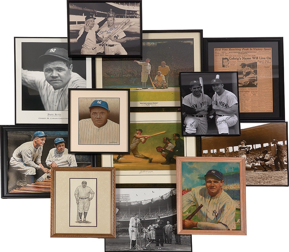 - Collection of New York Yankees Framed Items with Mantle and DiMaggio Signatures (12)