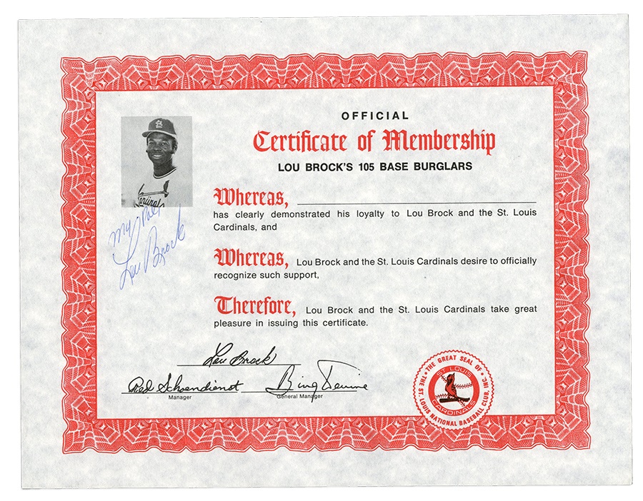The Lou Brock Collection - Lou Brock Signed "105 Base Burglars" Certificates (17)