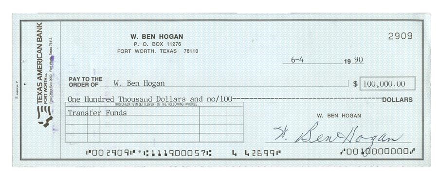 - Ben Hogan Signed $100,000 Bank Check