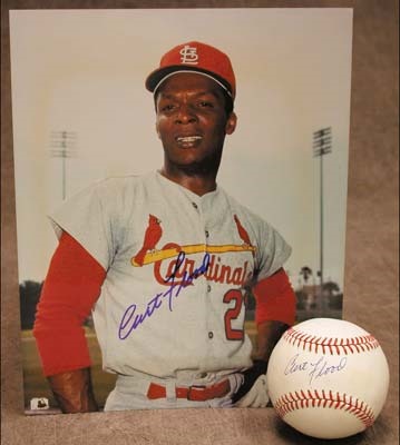 Curt Flood Single Signed Baseball & Photograph (8x10")
