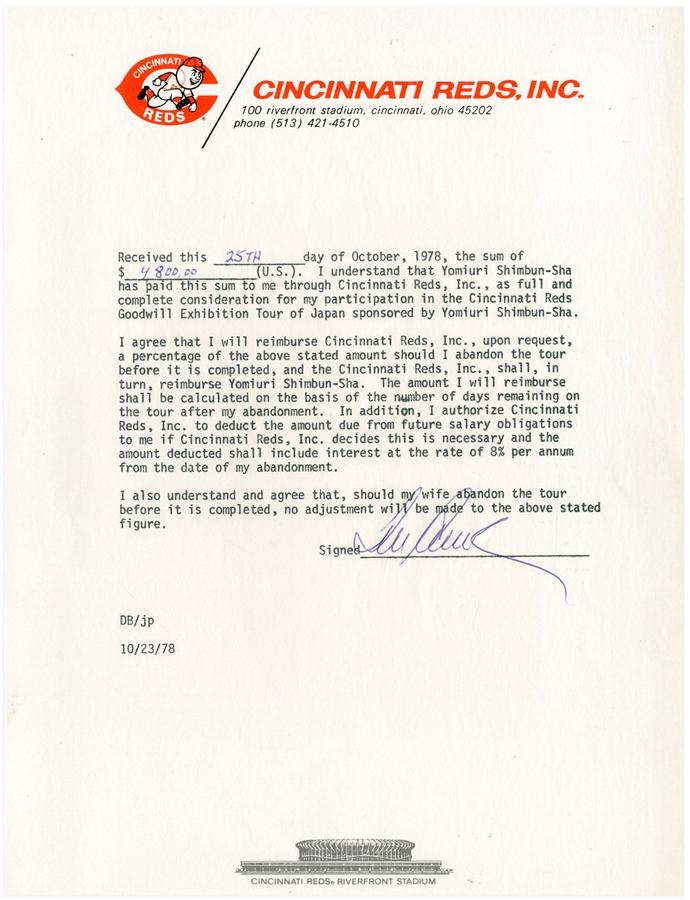 Pete Rose & Cincinnati Reds - 1978 Tom Seaver Signed Cincinnati Reds Tour of Japan Contract