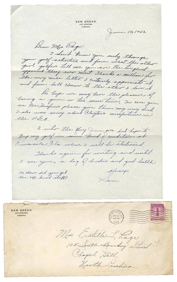 - 1942 Sam Snead Handwritten Signed Letter to Golfer Estelle Page with Signed Envelope