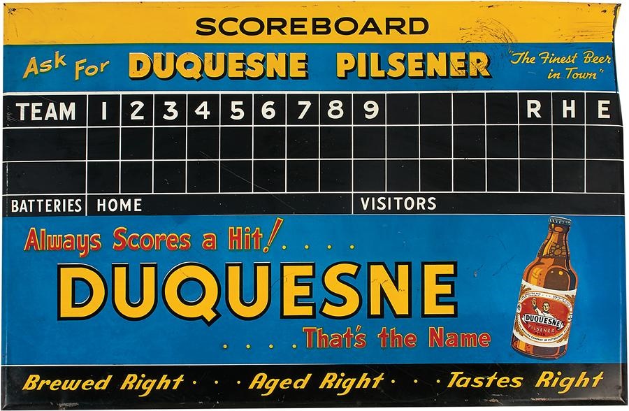Clemente and Pittsburgh Pirates - 1940s Duquesne Beer Lithographed Tin Advertising Scoreboard
