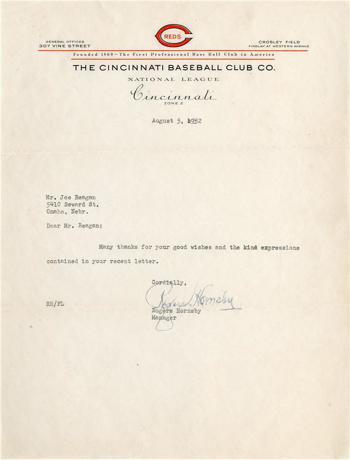 - 1952 Roger Hornsby Autograph Letter Signed as Reds Manager
