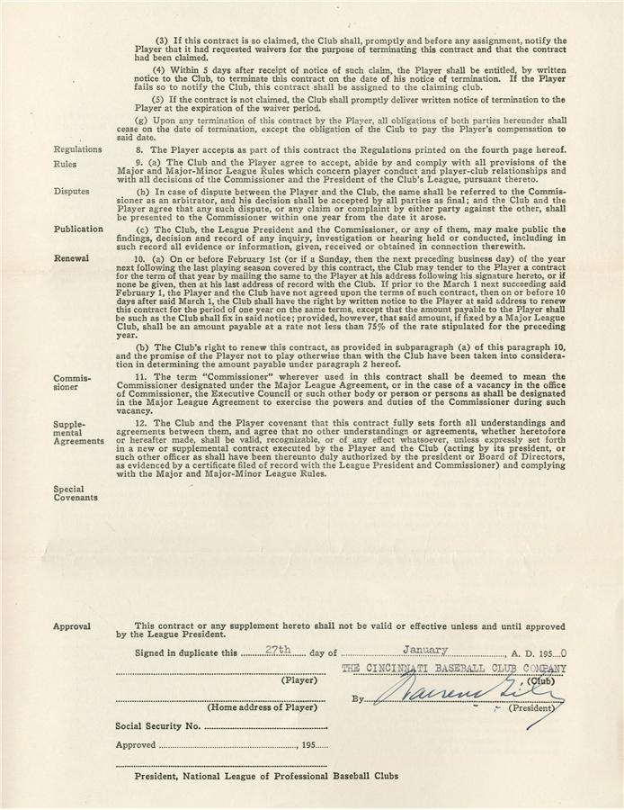Pete Rose & Cincinnati Reds - 1950 Ted Kluszewski "Player's Copy" Cincinnati Reds Player's Contract