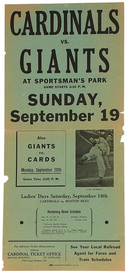 St. Louis Cardinals - Carl Hubbell 1937 "Cardinals vs Giants" Advertising Poster