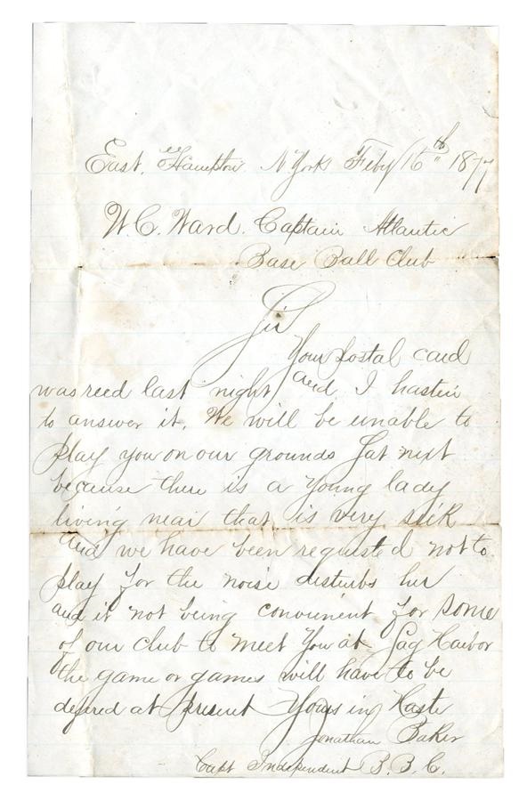 - 1877 "The Hamptons" Base Ball Letter - Game Cancelled On Account of "Young Lady"