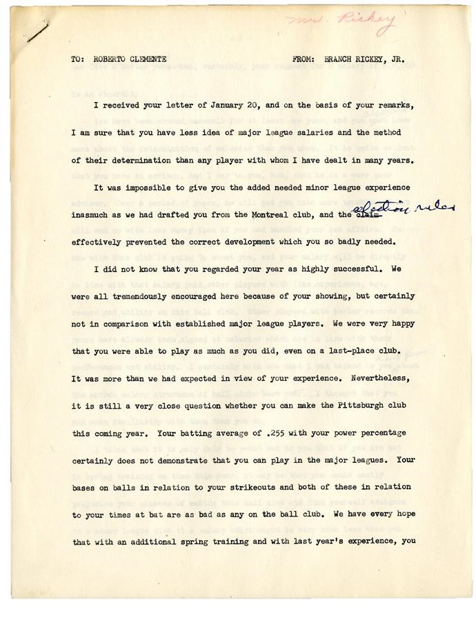 Clemente and Pittsburgh Pirates - 1955 Insulting Letter from Branch Rickey to Roberto Clemente