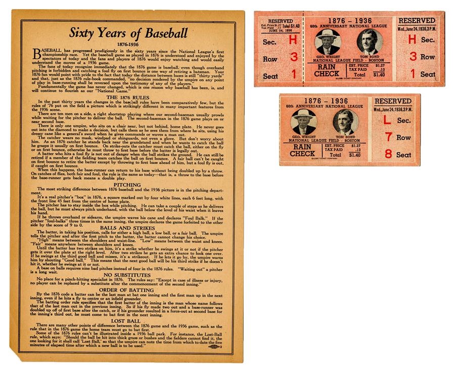 Boston Sports - 1936 Full & Stub “Photo” Tickets From Game in Boston Commemorating The 60th Anniversary of the National League