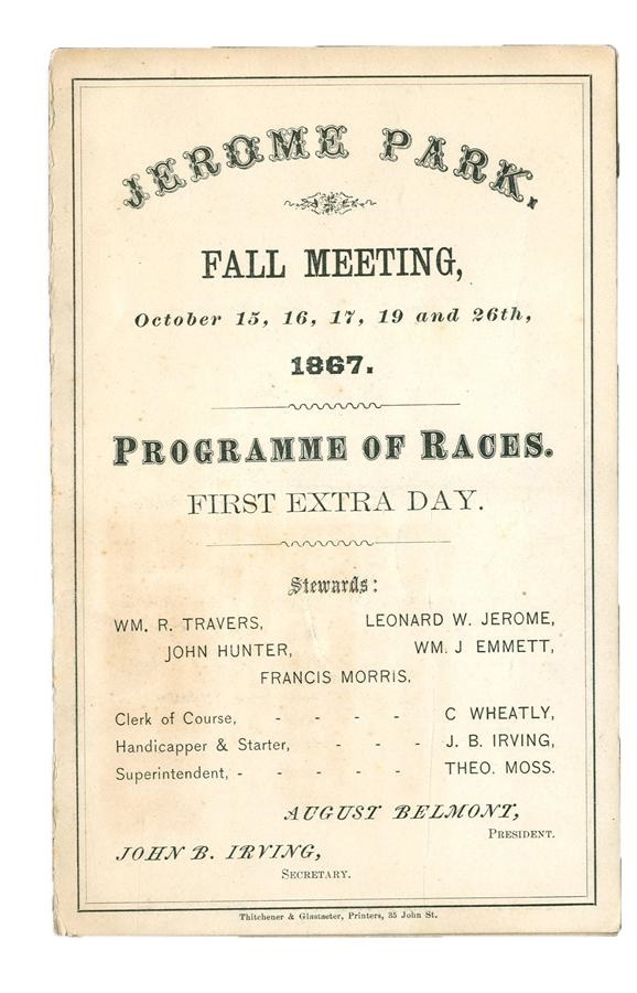 Horse Racing - 1867 Jerome Park Program - The First Time A Jockey Is Killed