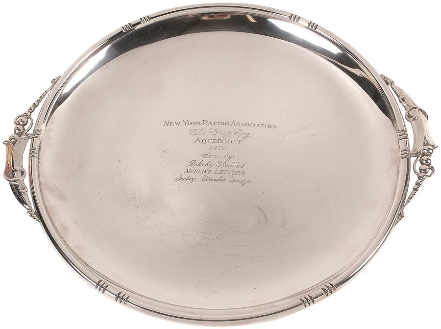 - 1970 Aqueduct Grey Lag Silver Plate Won by "Arts & Letters" w/Signed Program & Photo (3)