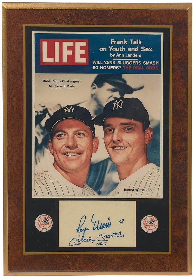 - Mantle & Maris Signed Plaque and DiMaggio/Walters Signed Baseball Magazine (2)
