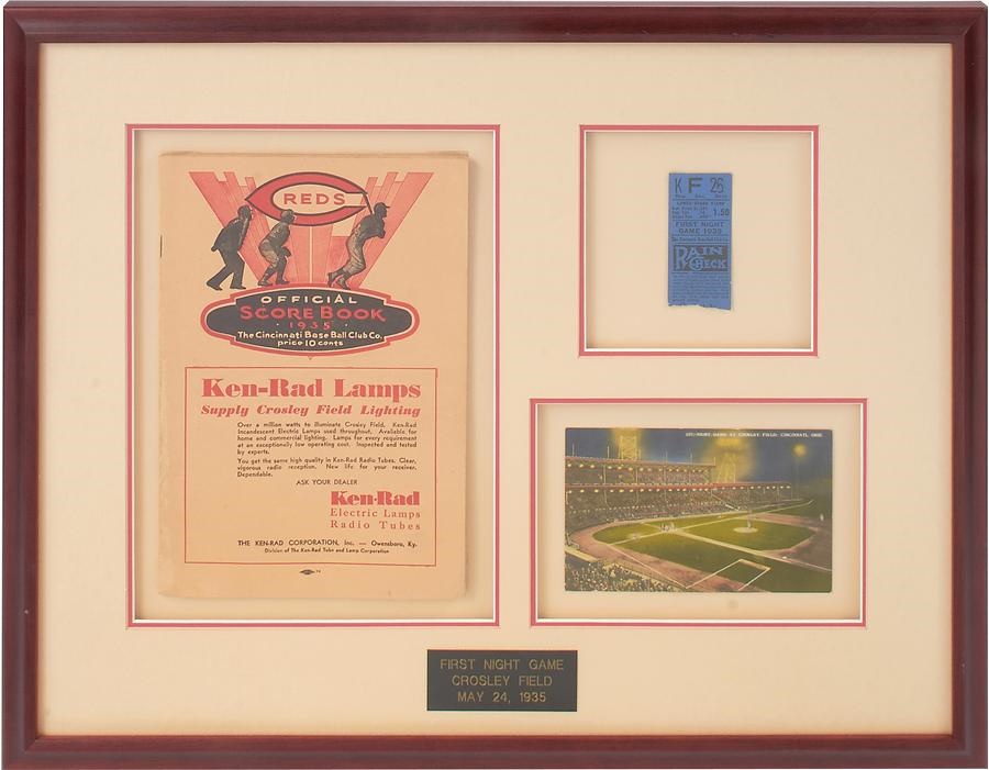 Tickets, Publications & Pins - 1935 First Ever Major League Night Game Ticket, Program & Postcard