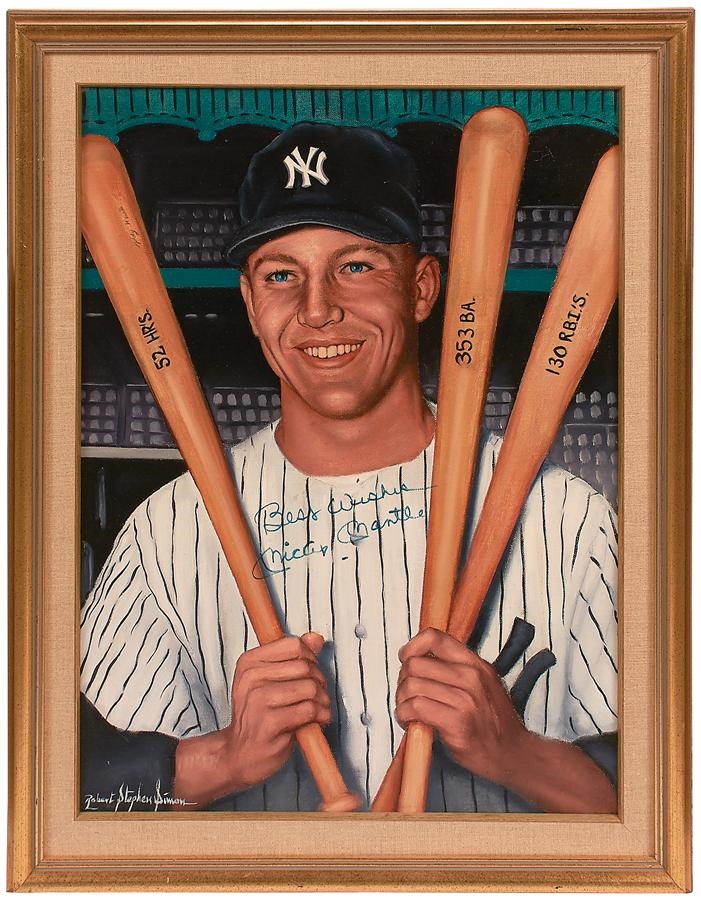 - Mickey Mantle Signed Oil Painting by Robert Stephen Simon