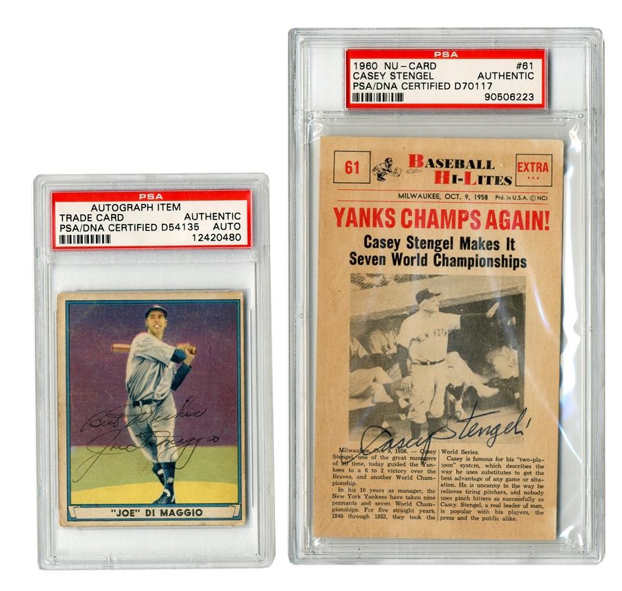 Historic New York Yankee Baseball Collection - Joe DiMaggio & Casey Stengel Vintage Signed Baseball Cards (2)
